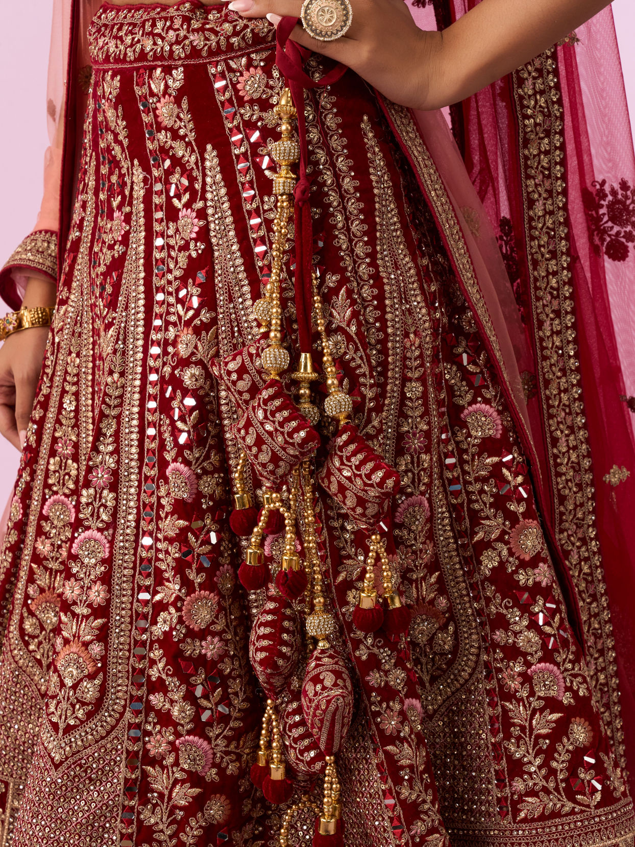 Mohey Women Regal Maroon Velvet Bridal Lehenga