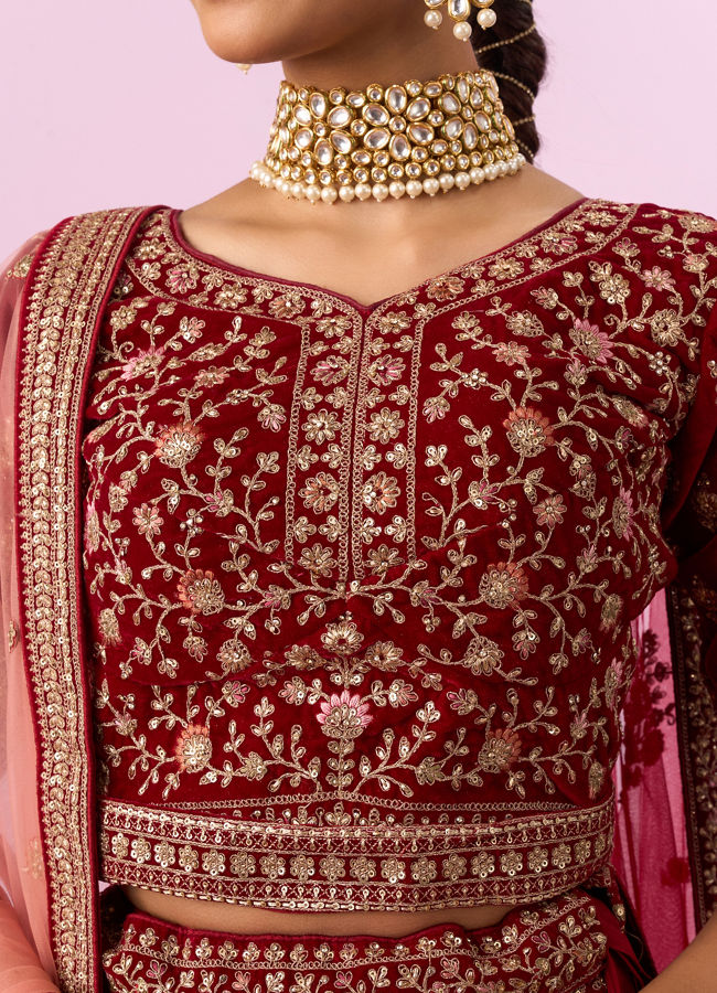 Mohey Women Regal Maroon Velvet Bridal Lehenga