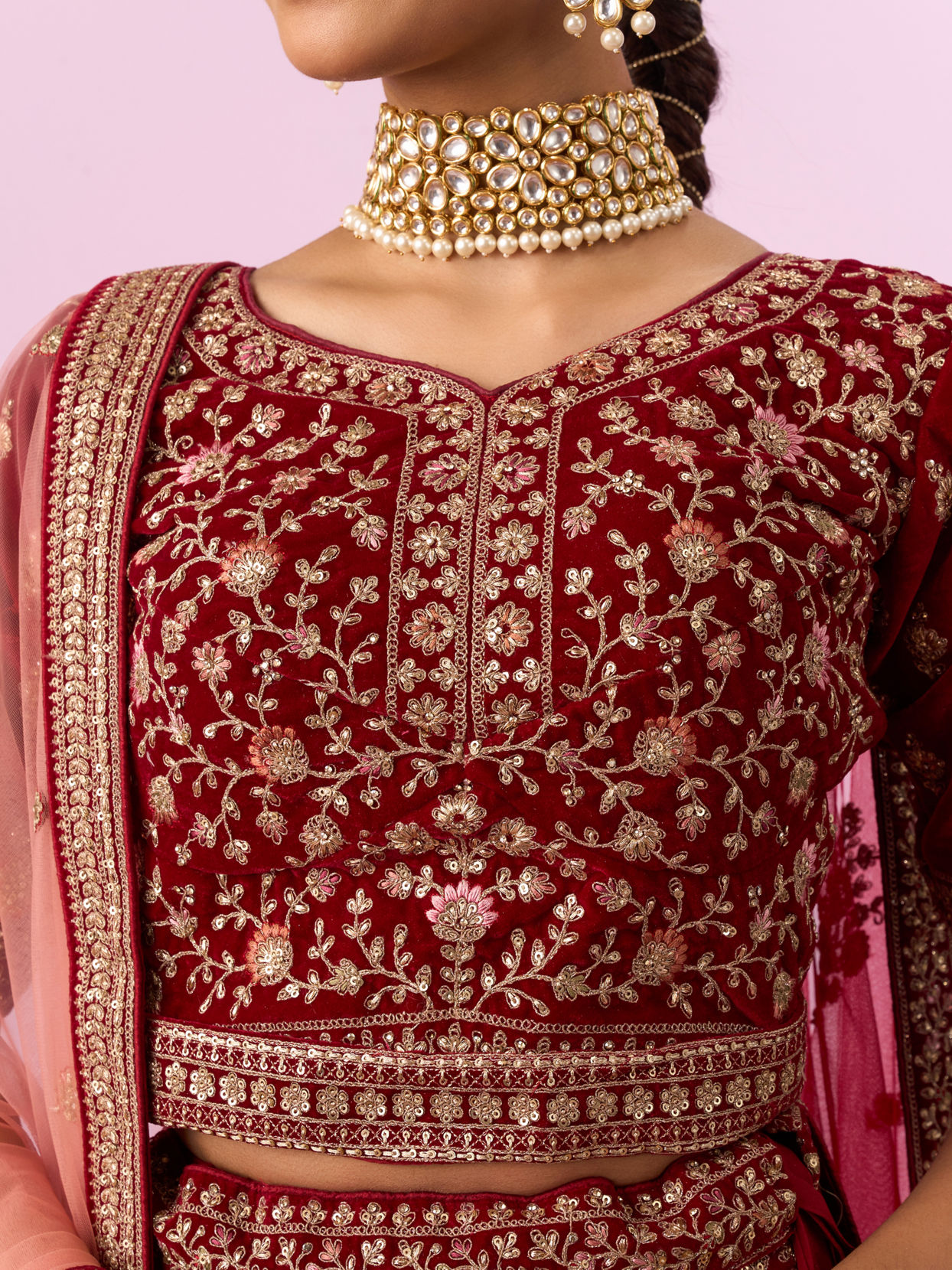 Mohey Women Regal Maroon Velvet Bridal Lehenga