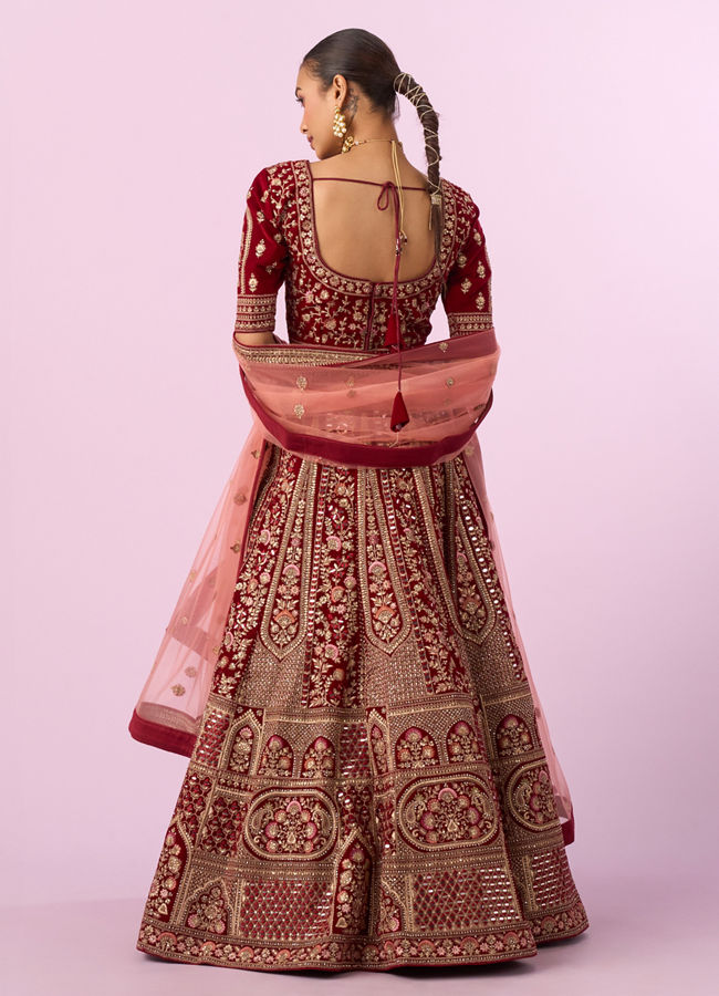 Mohey Women Regal Maroon Velvet Bridal Lehenga