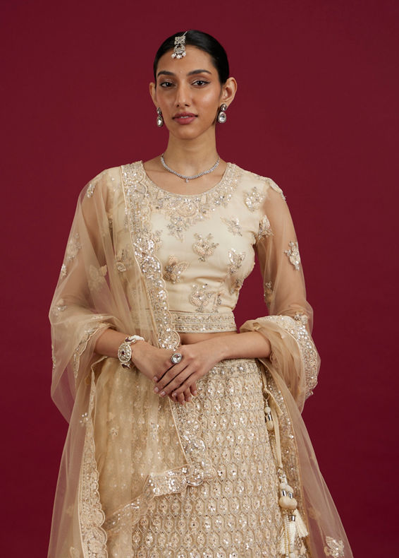 Mohey Women Elegant Cream Netted Lehenga