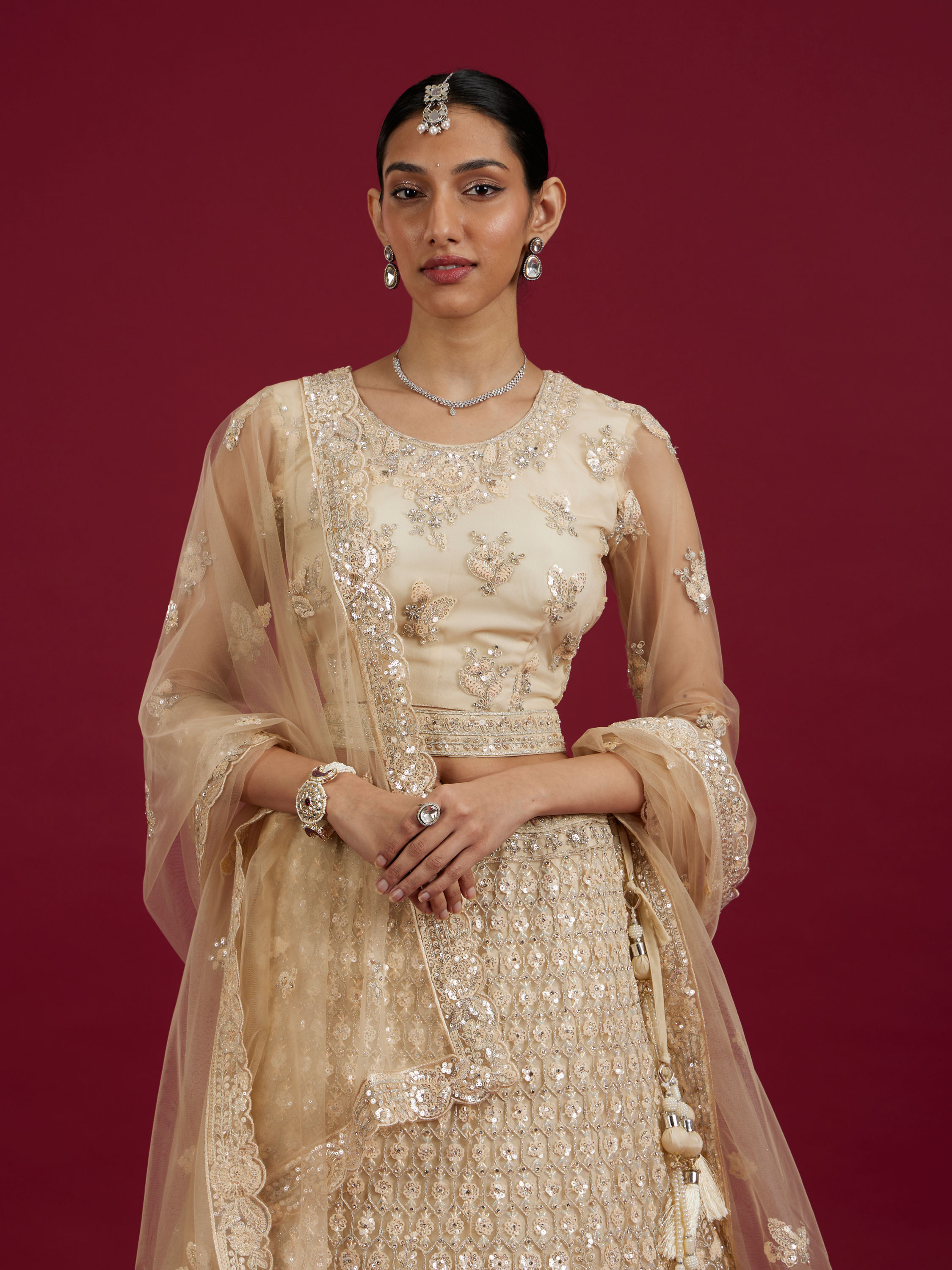 Mohey Women Elegant Cream Netted Lehenga