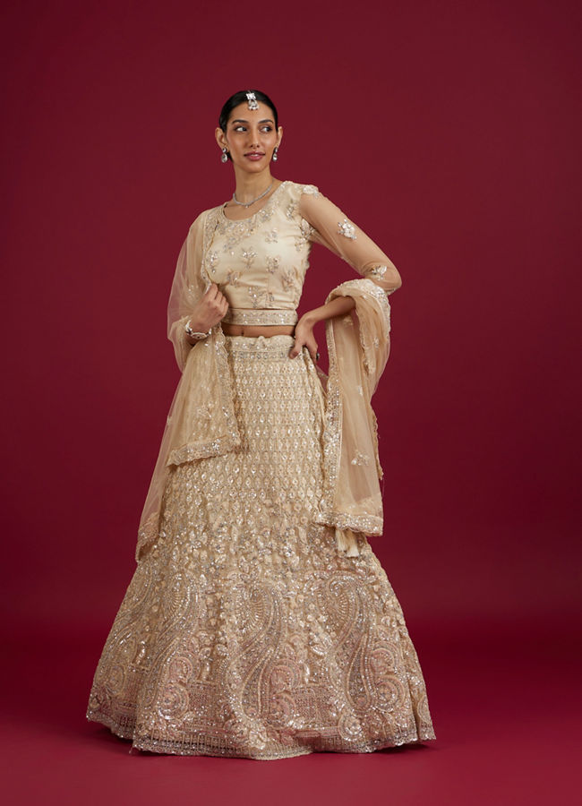 Mohey Women Elegant Cream Netted Lehenga