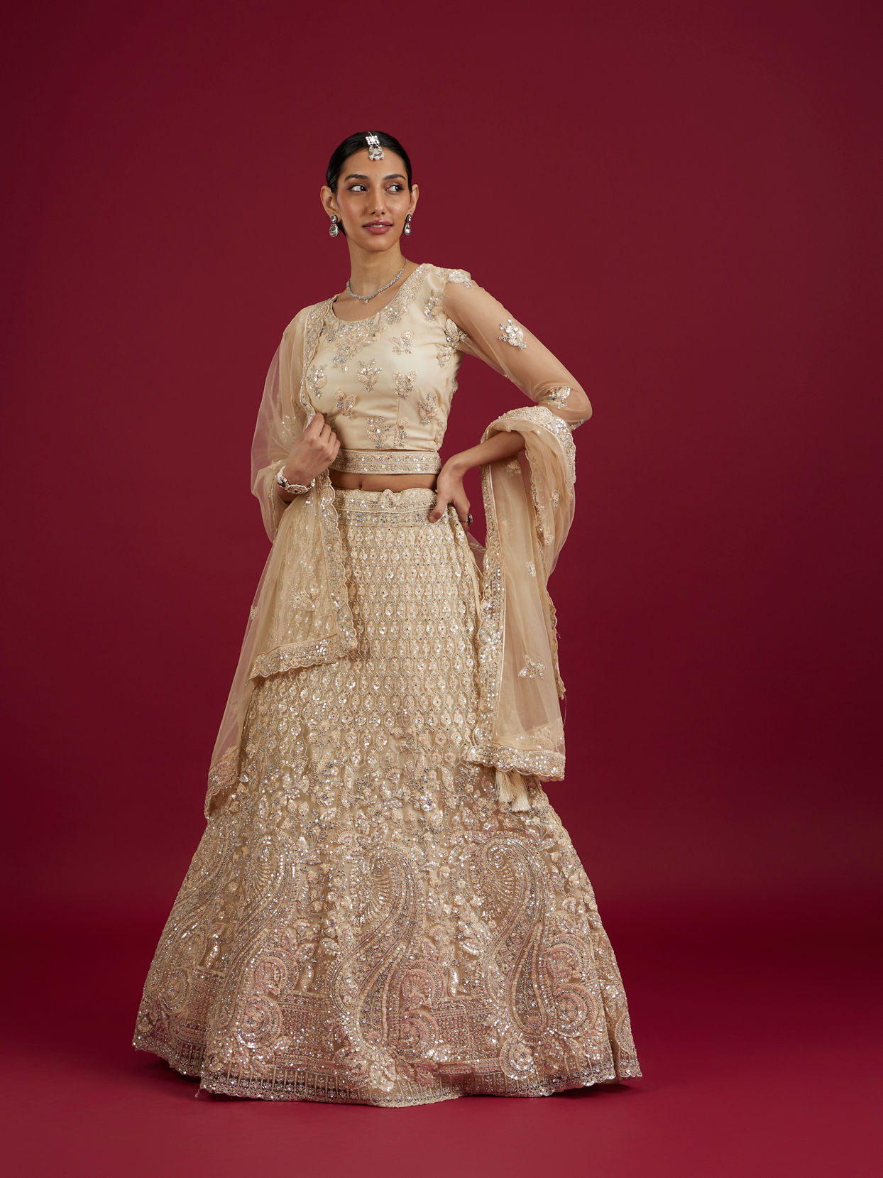 Mohey Women Elegant Cream Netted Lehenga