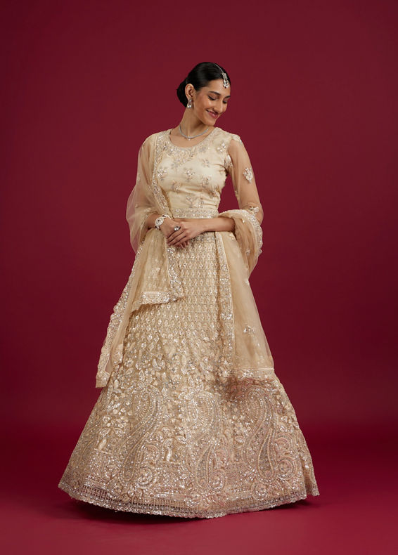 Mohey Women Elegant Cream Netted Lehenga