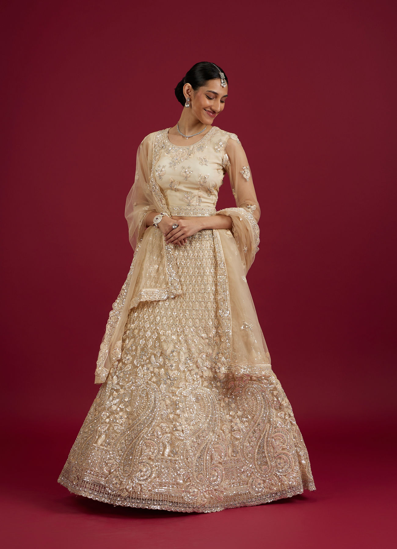 Mohey Women Elegant Cream Netted Lehenga