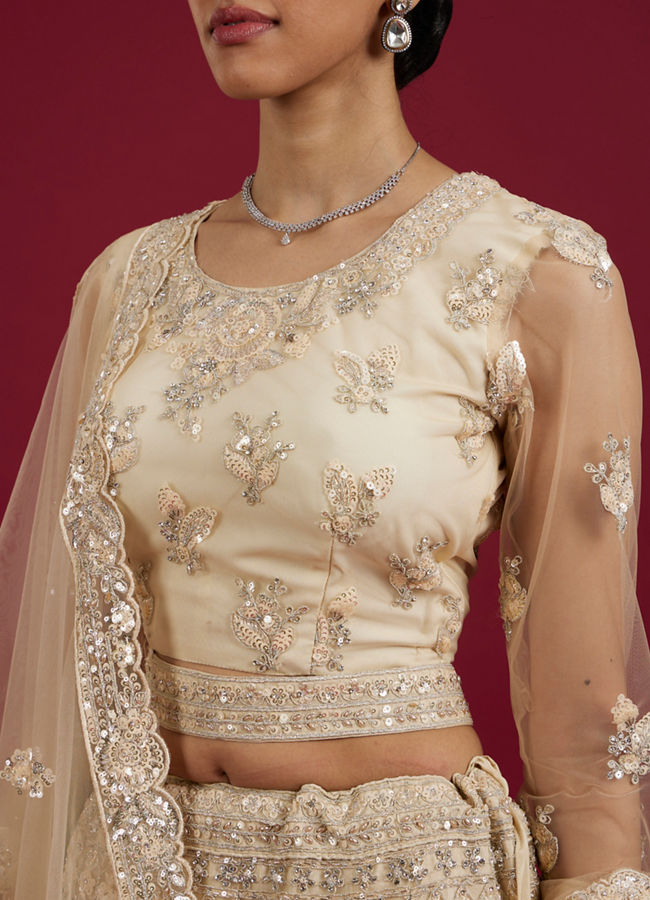 Mohey Women Elegant Cream Netted Lehenga