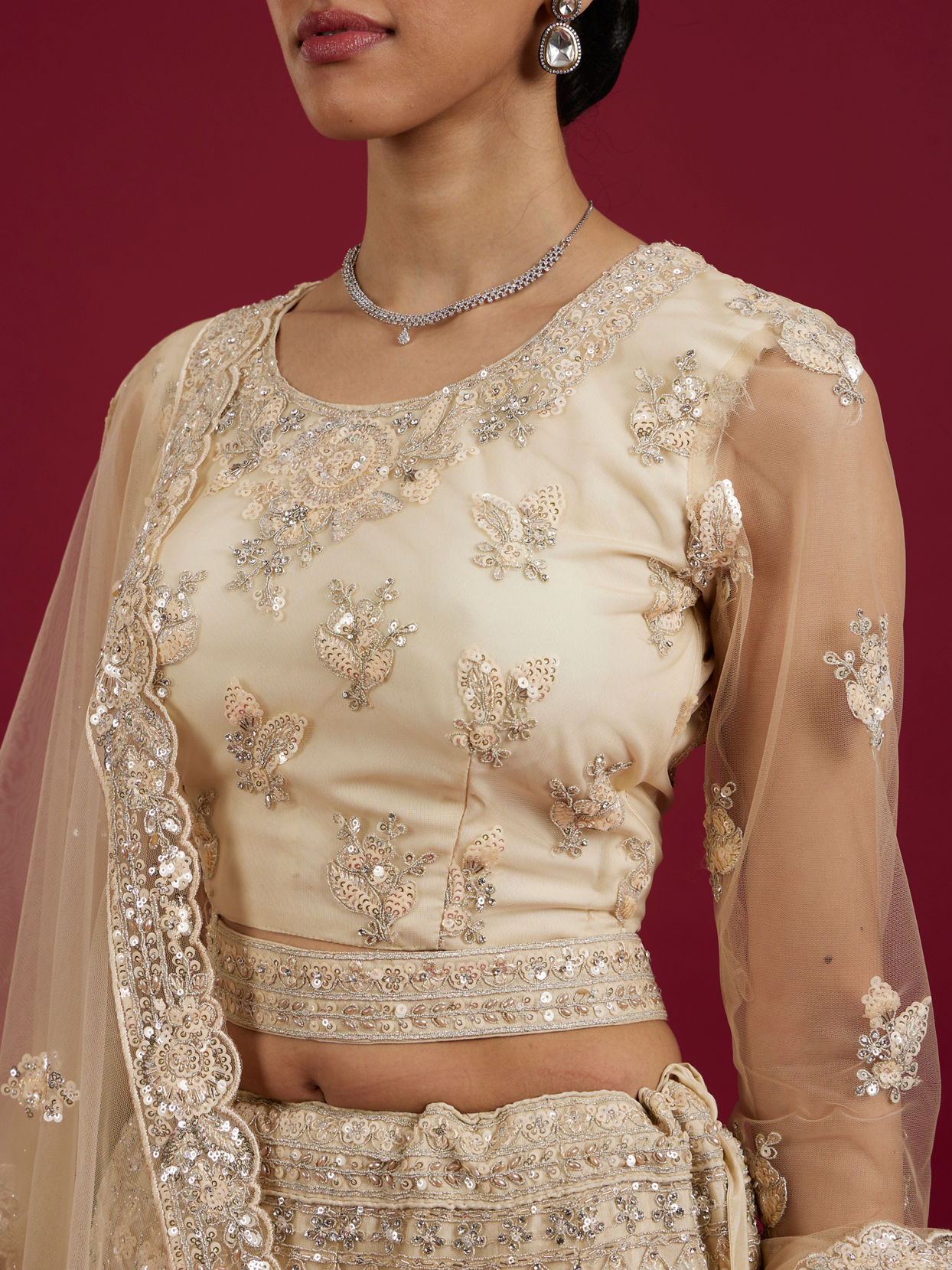Mohey Women Elegant Cream Netted Lehenga