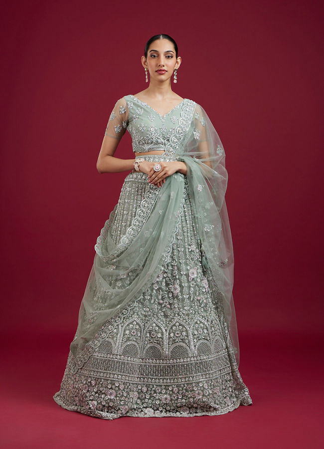 Mohey Women Pista Green Net Lehenga