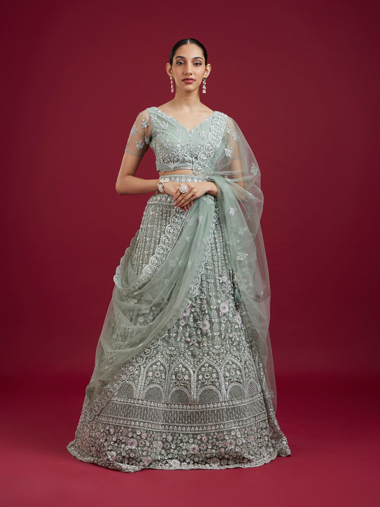 Mohey Women Pista Green Net Lehenga