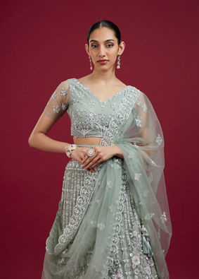 Mohey Women Pista Green Net Lehenga
