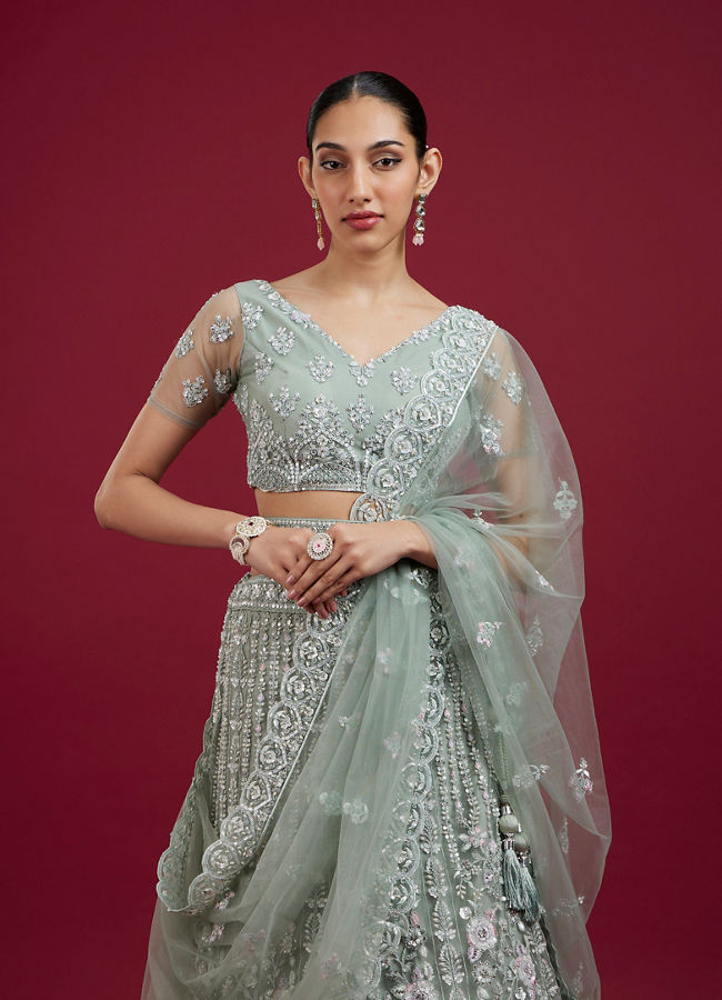 Mohey Women Pista Green Net Lehenga