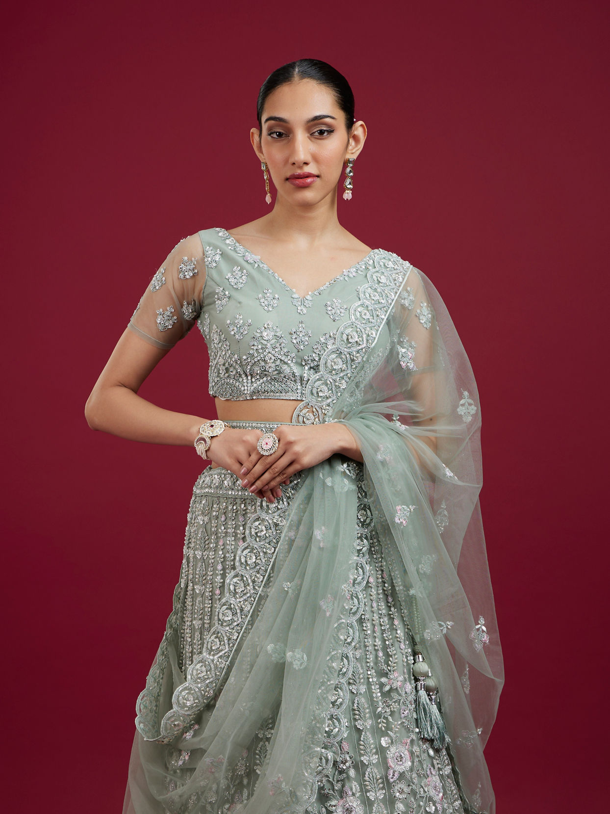 Mohey Women Pista Green Net Lehenga