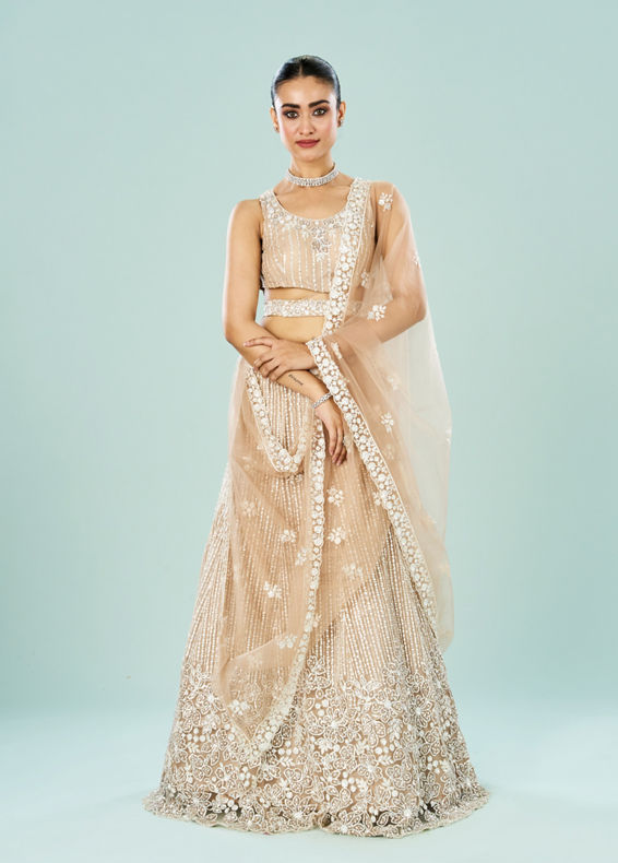 Mohey Women Cream Embellished Royal Semi Bridal Lehenga