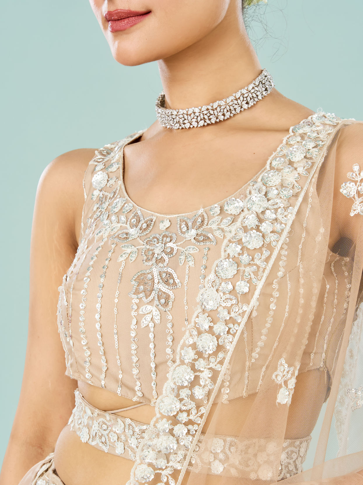 Mohey Women Cream Embellished Royal Semi Bridal Lehenga
