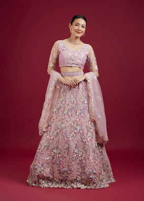 Mohey Women Graceful Purple Net Lehenga Set with Dupatta