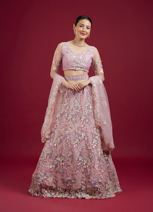Mohey Women Graceful Purple Net Lehenga Set with Dupatta