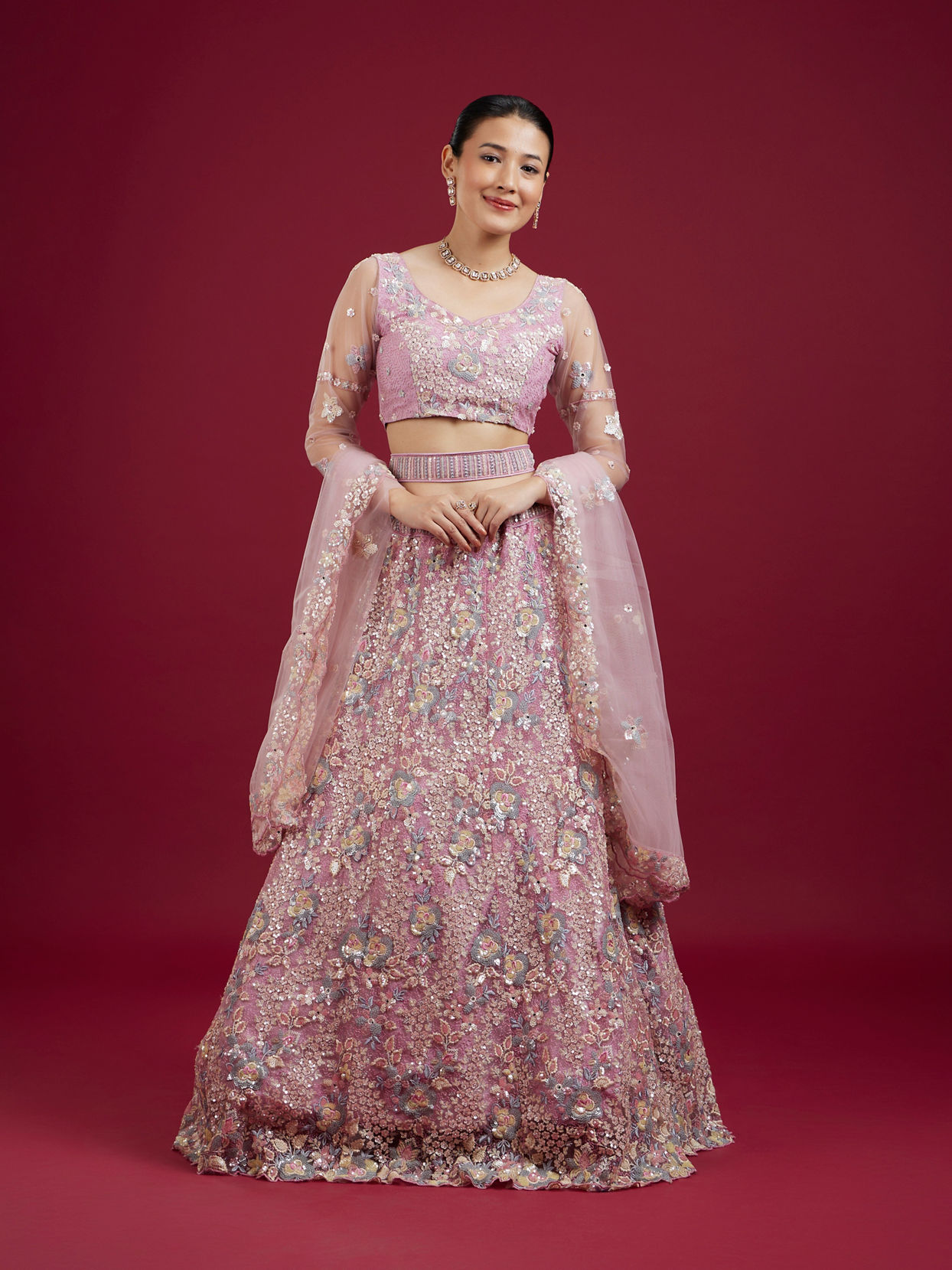 Mohey Women Graceful Purple Net Lehenga Set with Dupatta