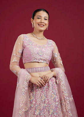 Mohey Women Graceful Purple Net Lehenga Set with Dupatta