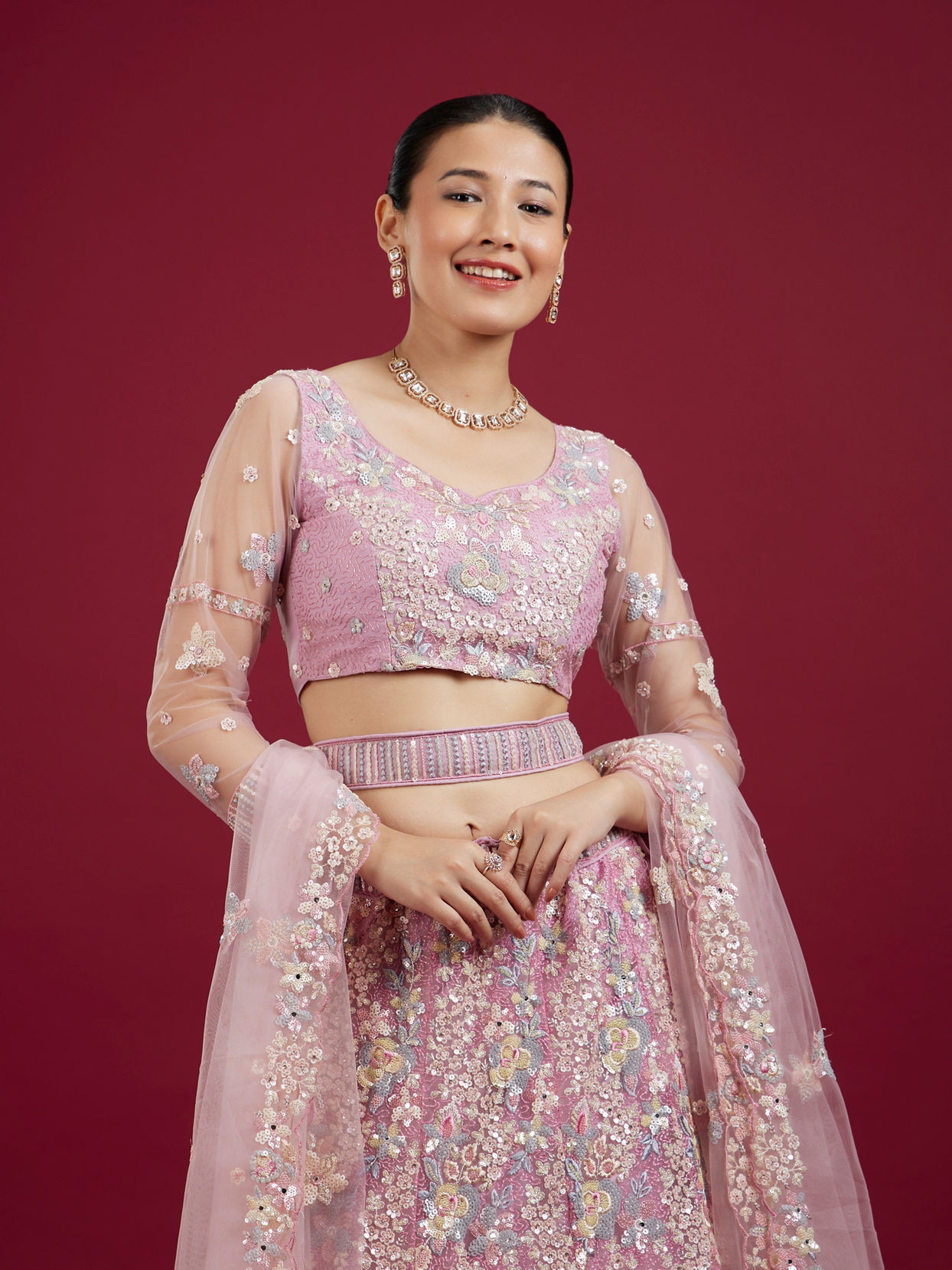 Mohey Women Graceful Purple Net Lehenga Set with Dupatta