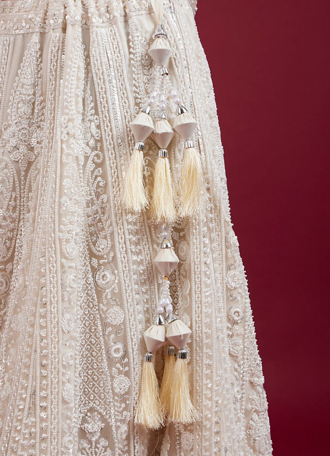 Mohey Women Exquisite Cream Net Lehenga Set with Dupatta