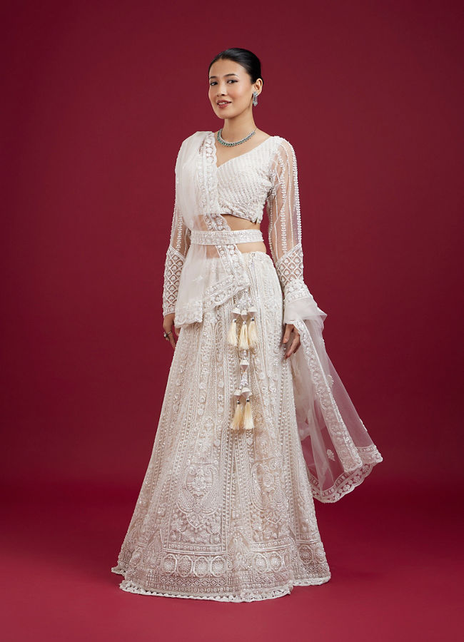 Mohey Women Exquisite Cream Net Lehenga Set with Dupatta