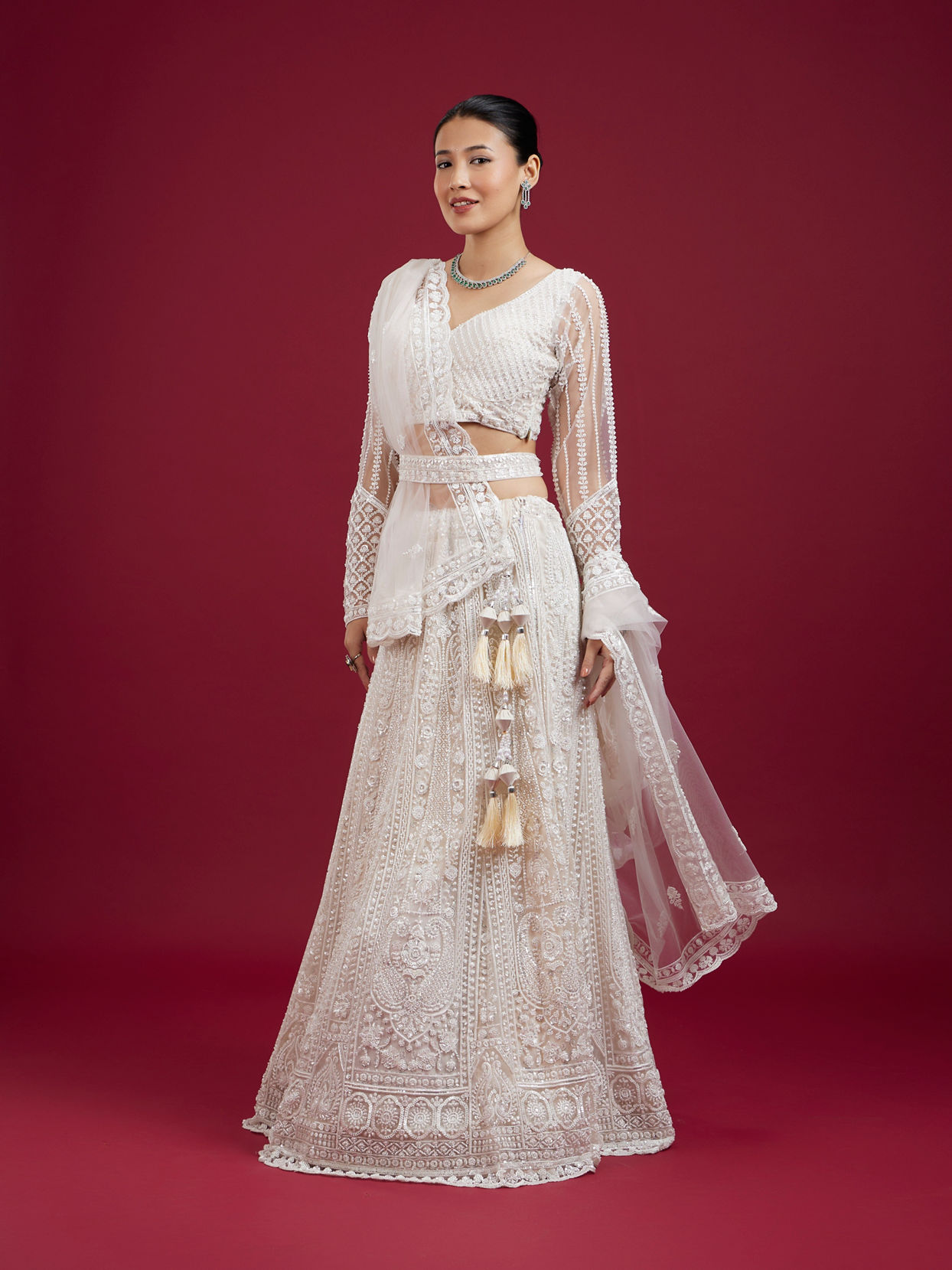 Mohey Women Exquisite Cream Net Lehenga Set with Dupatta
