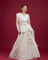 Mohey Women Exquisite Cream Net Lehenga Set with Dupatta