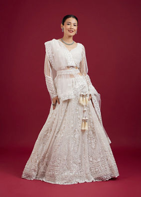 Mohey Women Exquisite Cream Net Lehenga Set with Dupatta