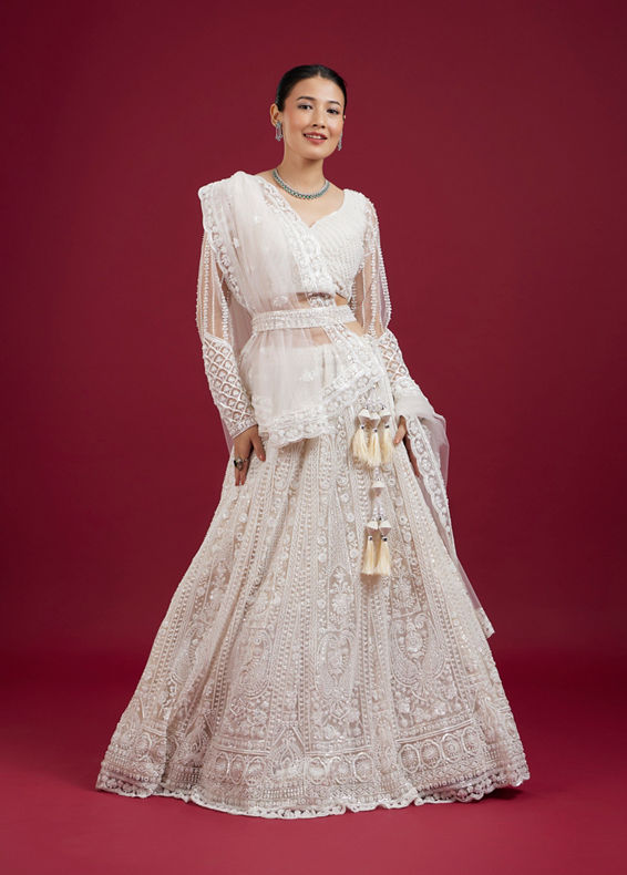 Mohey Women Exquisite Cream Net Lehenga Set with Dupatta