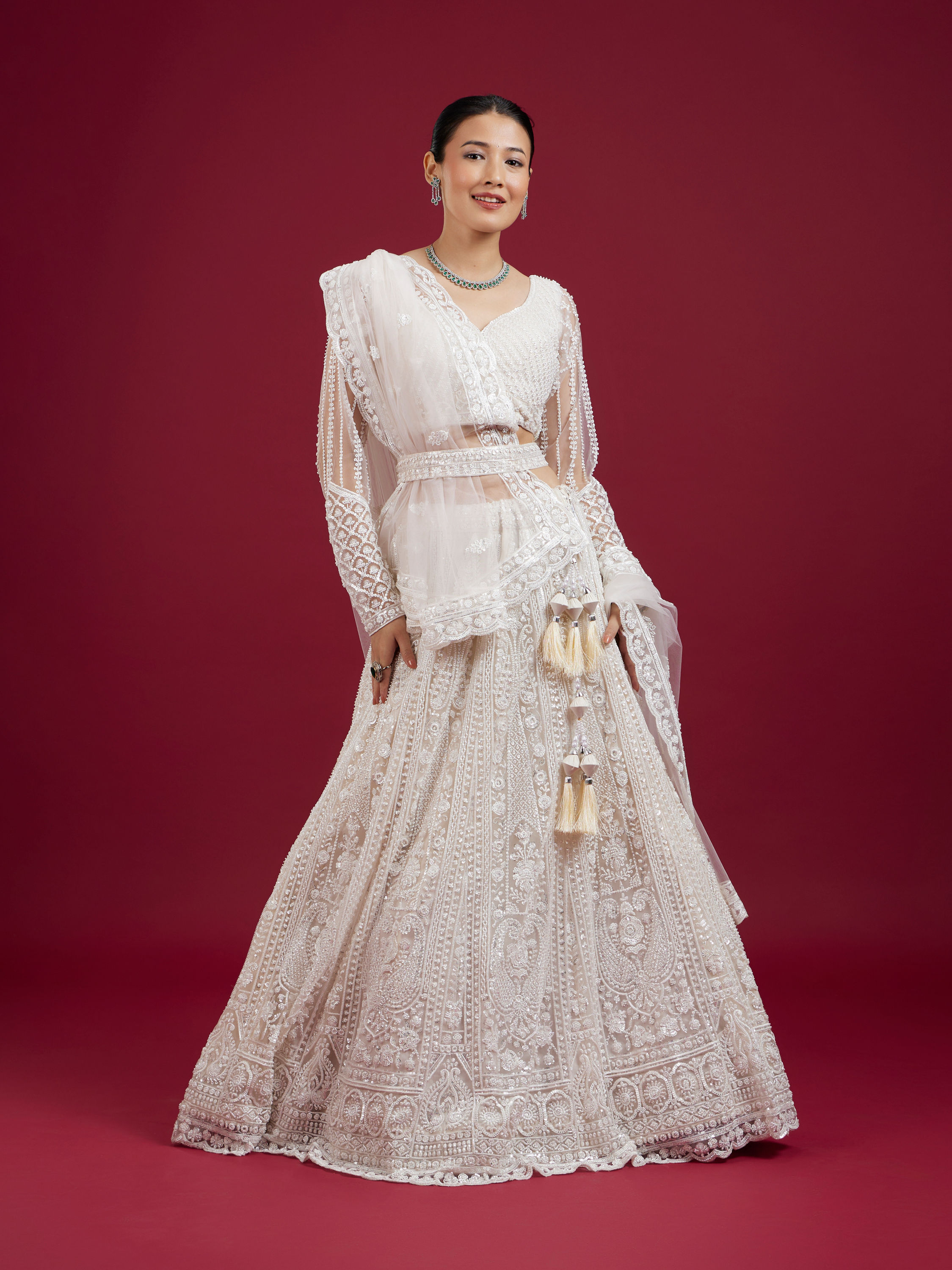 Mohey Women Exquisite Cream Net Lehenga Set with Dupatta