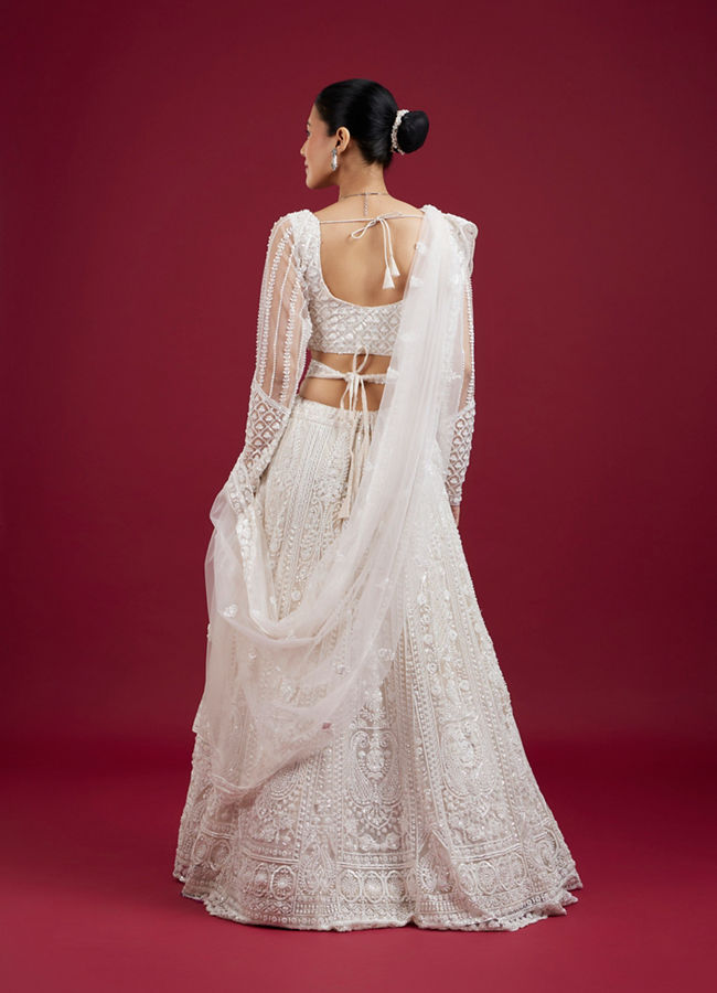 Mohey Women Exquisite Cream Net Lehenga Set with Dupatta