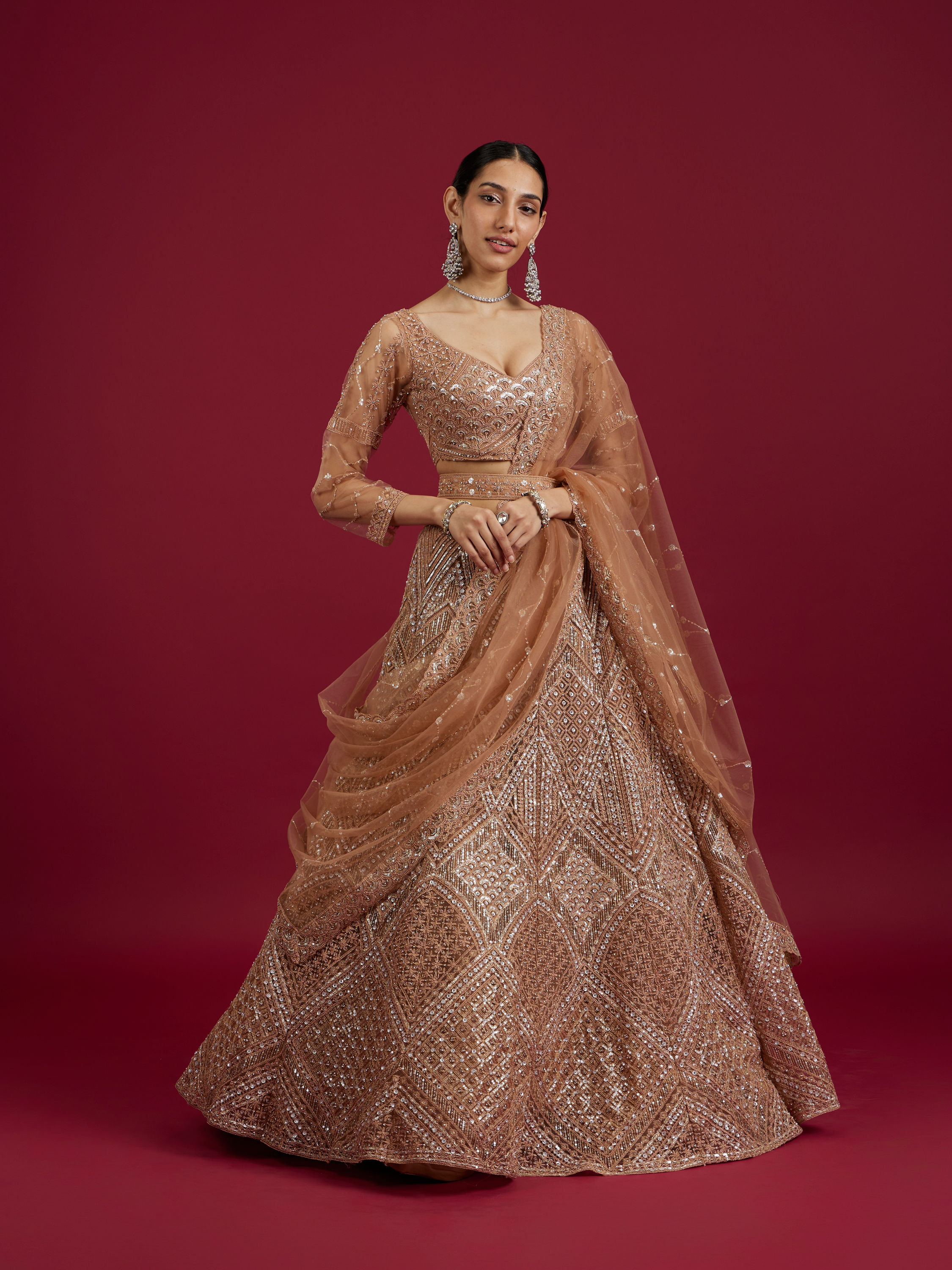 Mohey Women Fawn Net Ensemble Lehenga