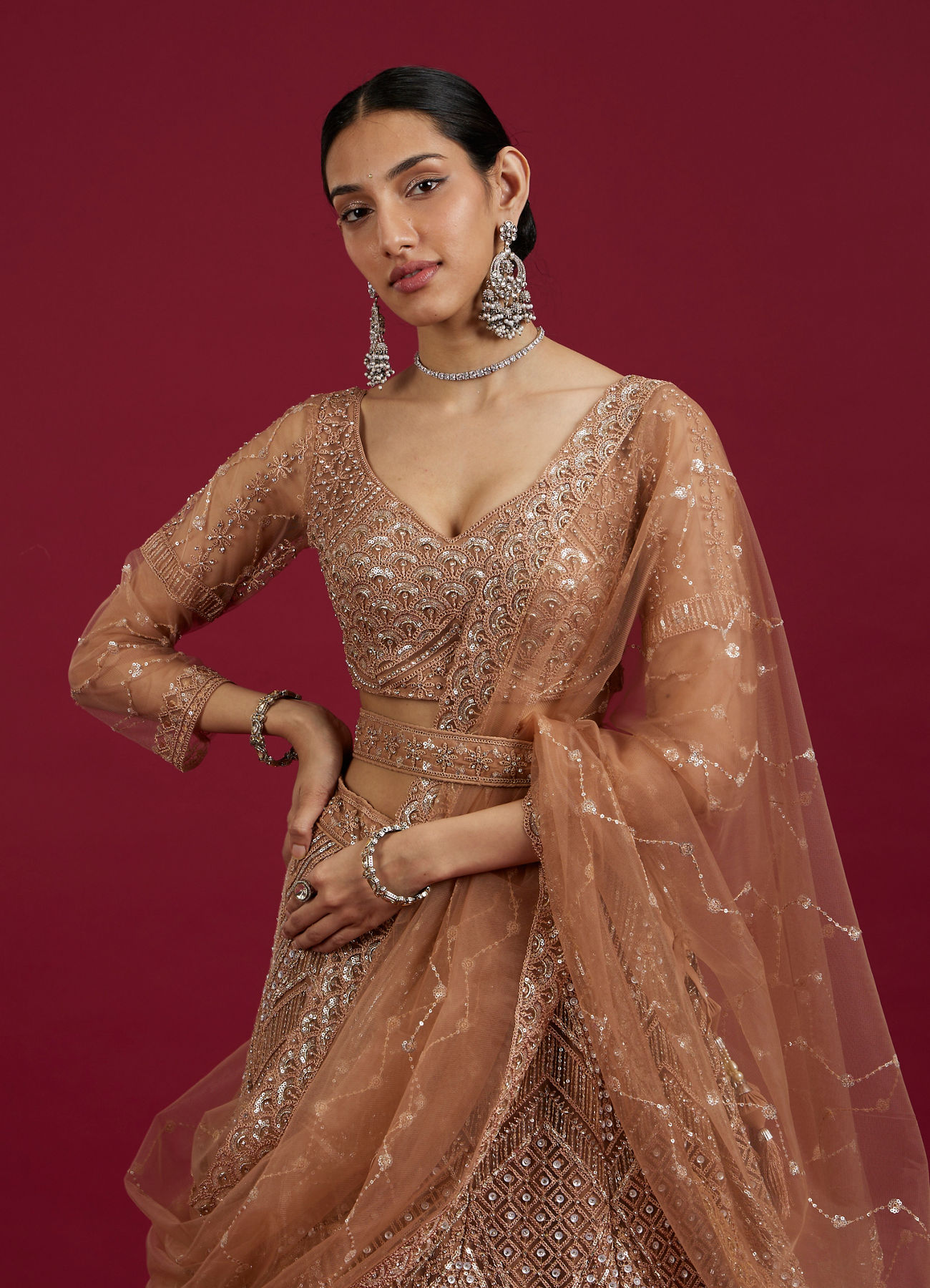 Mohey Women Fawn Net Ensemble Lehenga