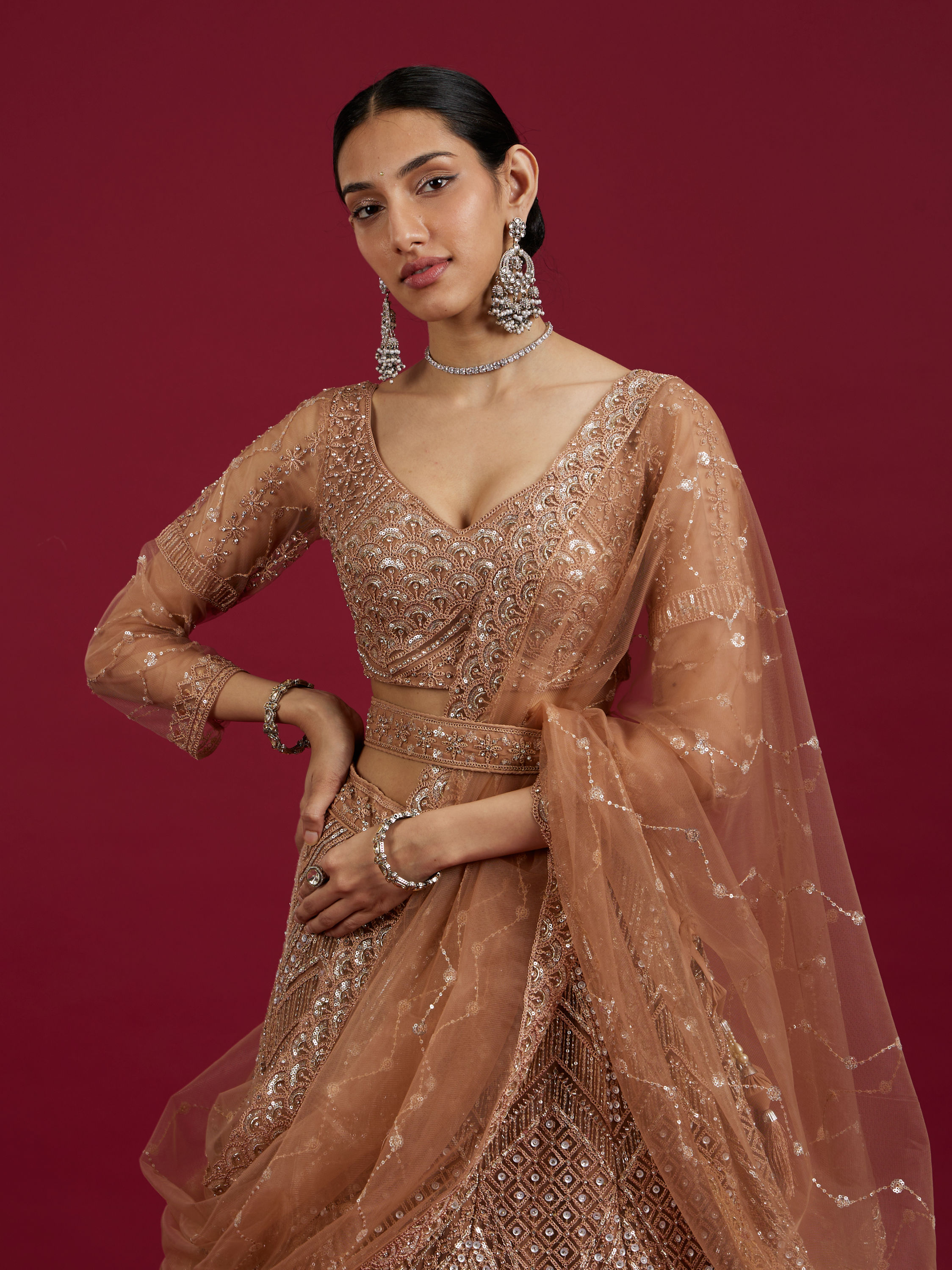 Mohey Women Fawn Net Ensemble Lehenga