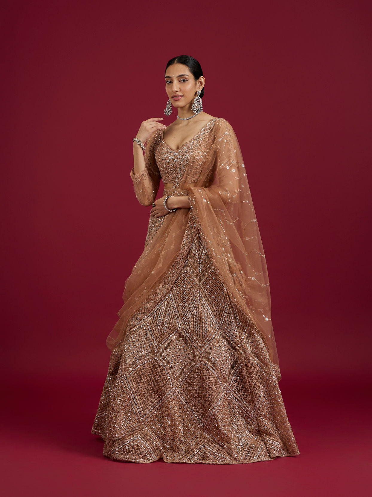 Mohey Women Fawn Net Ensemble Lehenga