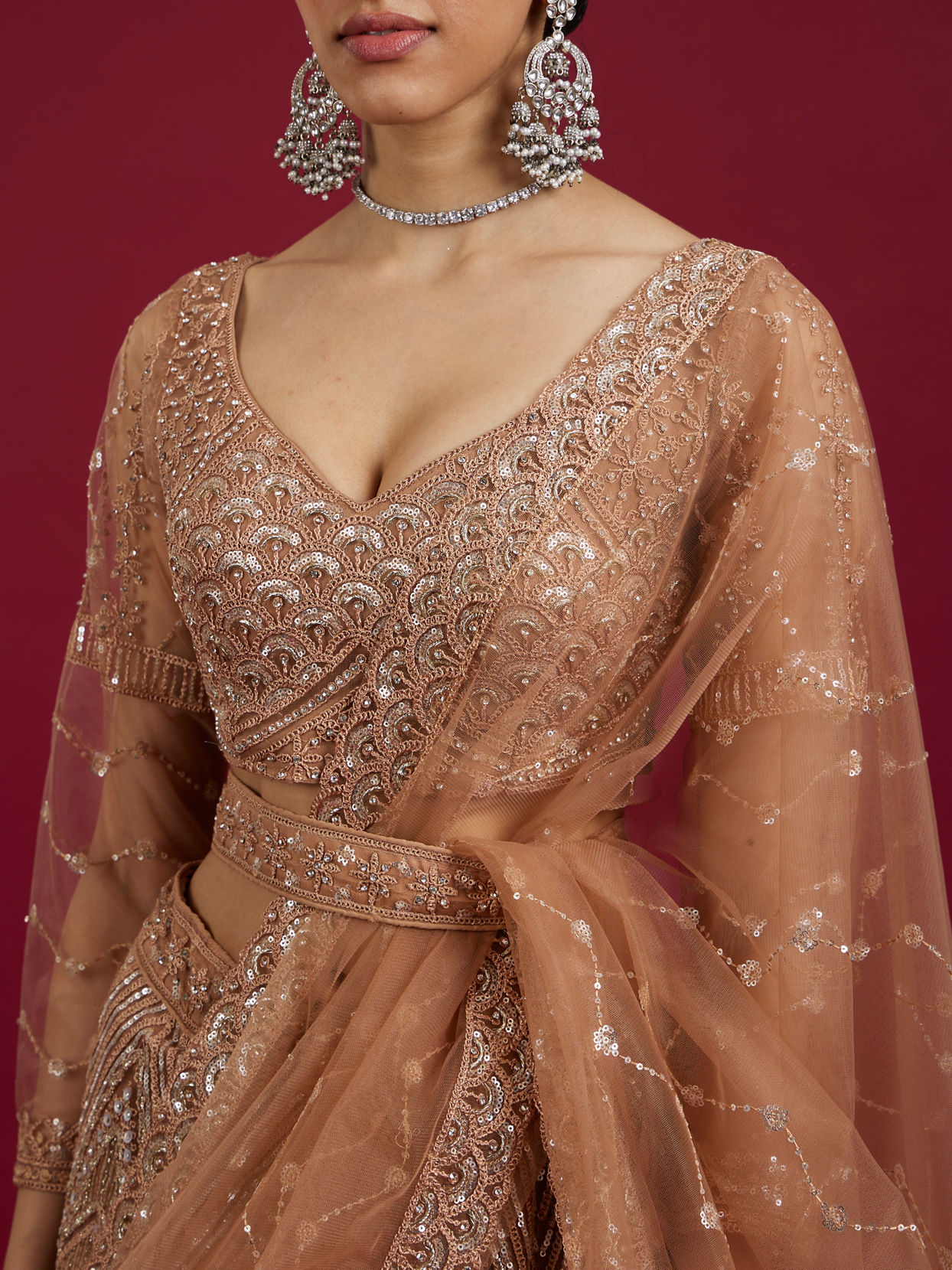 Mohey Women Fawn Net Ensemble Lehenga