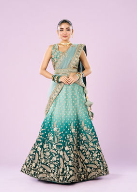 Mohey Women Ethereal Sea Green Semi Bridal Lehenga