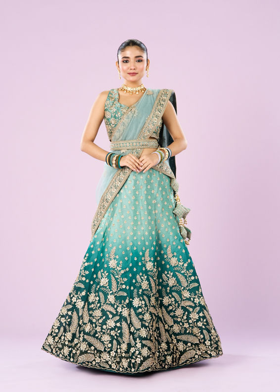 Mohey Women Ethereal Sea Green Semi Bridal Lehenga