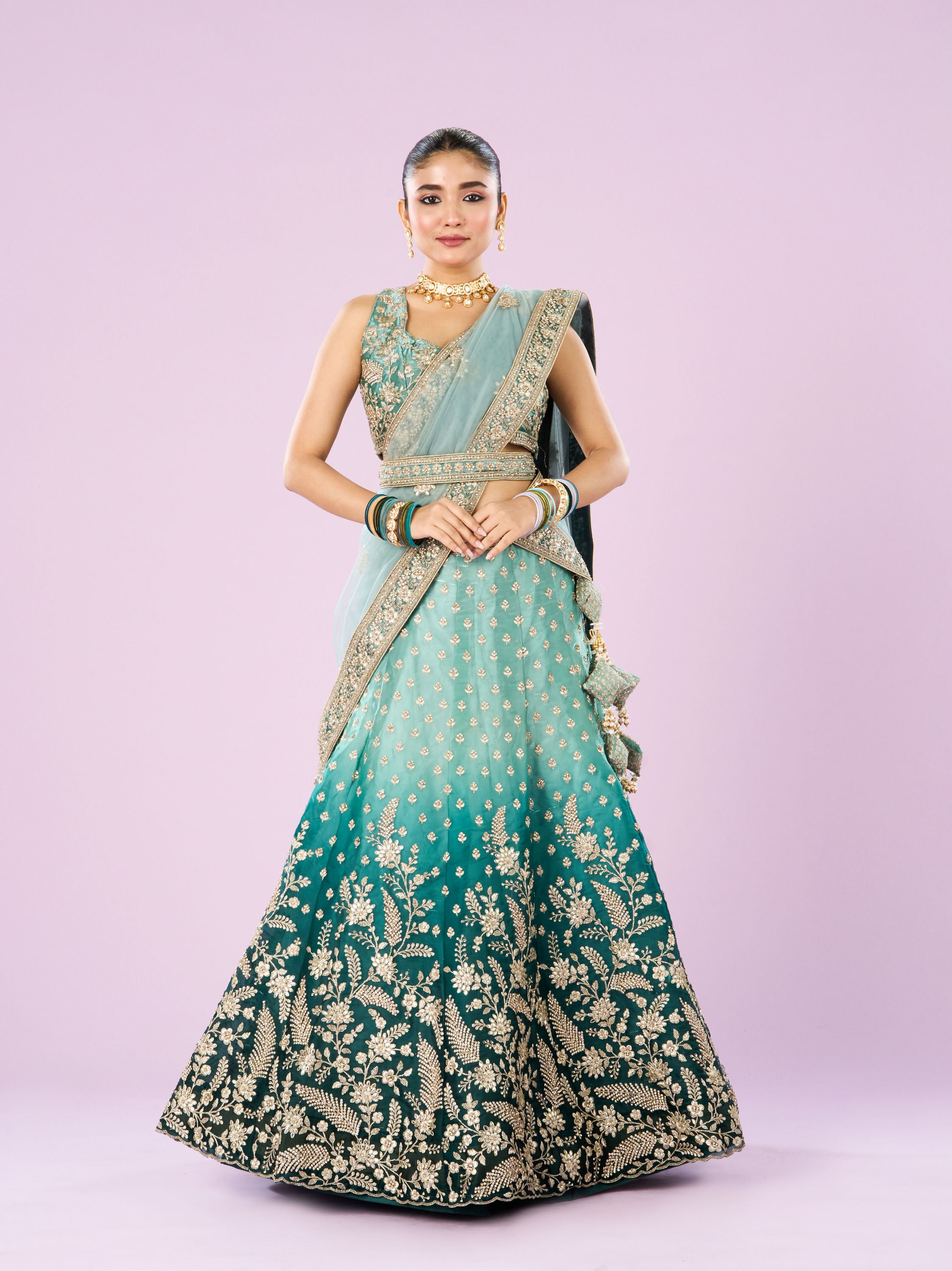 Mohey Women Ethereal Sea Green Semi Bridal Lehenga