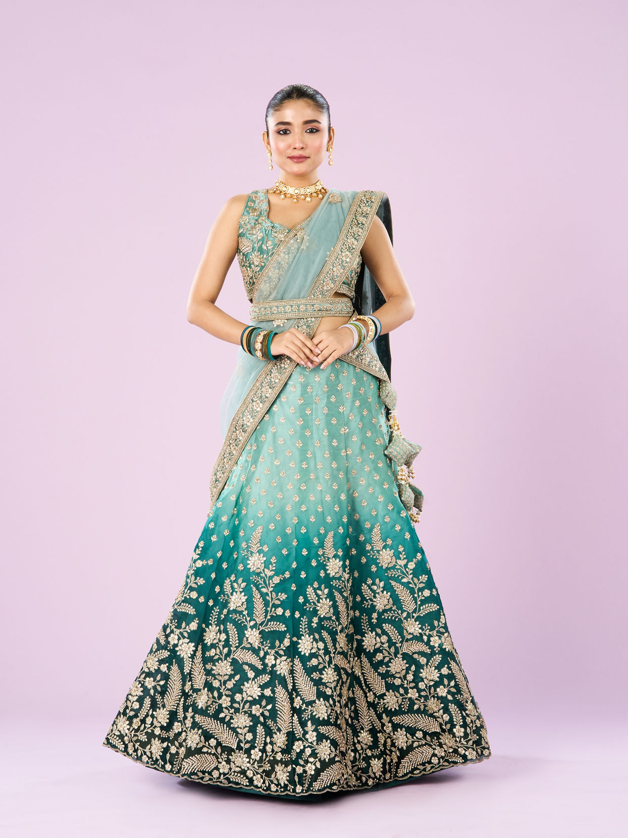 Mohey Women Ethereal Sea Green Semi Bridal Lehenga