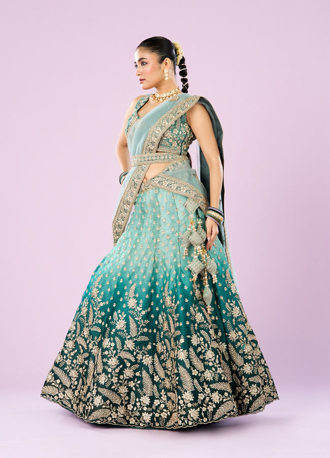 Mohey Women Ethereal Sea Green Semi Bridal Lehenga