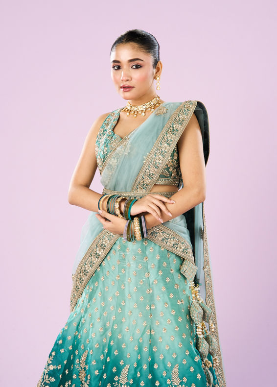 Mohey Women Ethereal Sea Green Semi Bridal Lehenga