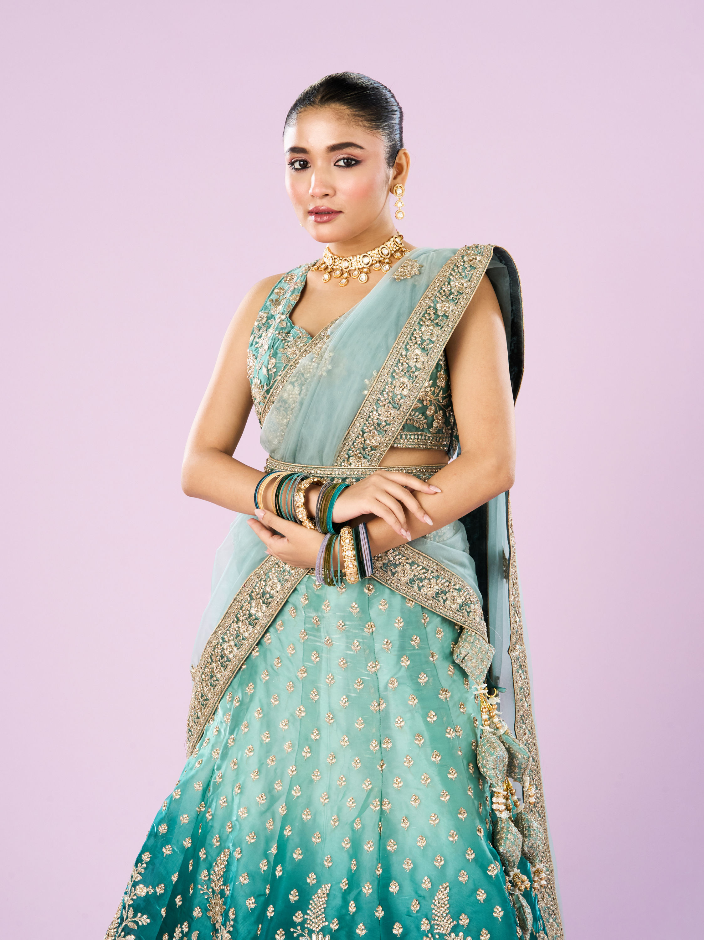 Mohey Women Ethereal Sea Green Semi Bridal Lehenga