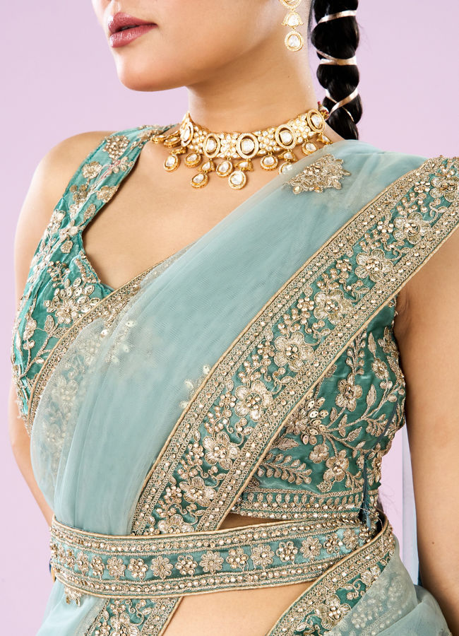 Mohey Women Ethereal Sea Green Semi Bridal Lehenga