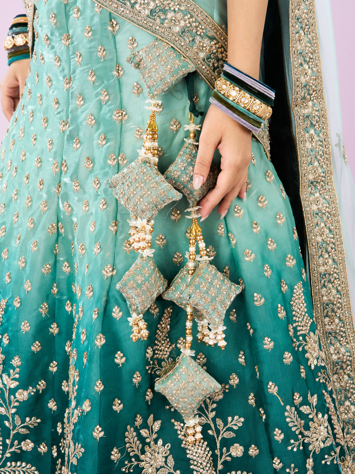 Mohey Women Ethereal Sea Green Semi Bridal Lehenga