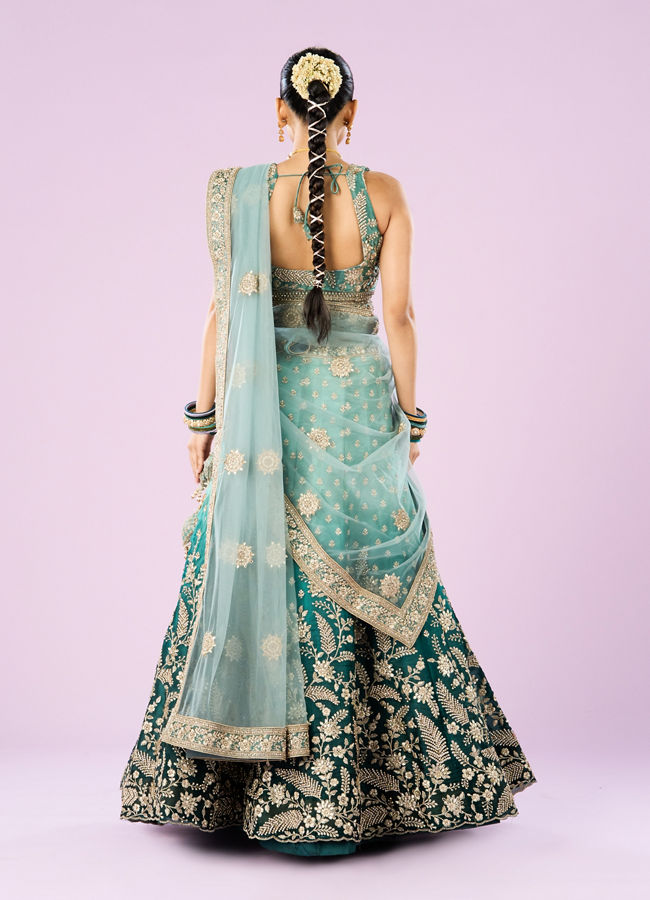 Mohey Women Ethereal Sea Green Semi Bridal Lehenga