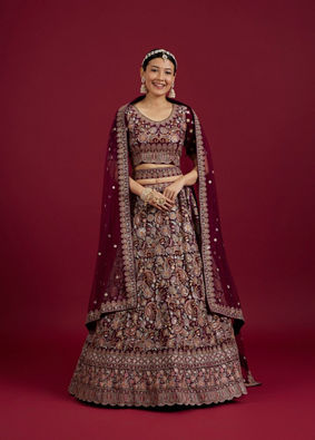Mohey Women Wine Georgette Extravagance Lehenga