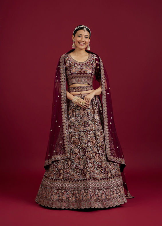 Mohey Women Wine Georgette Extravagance Lehenga