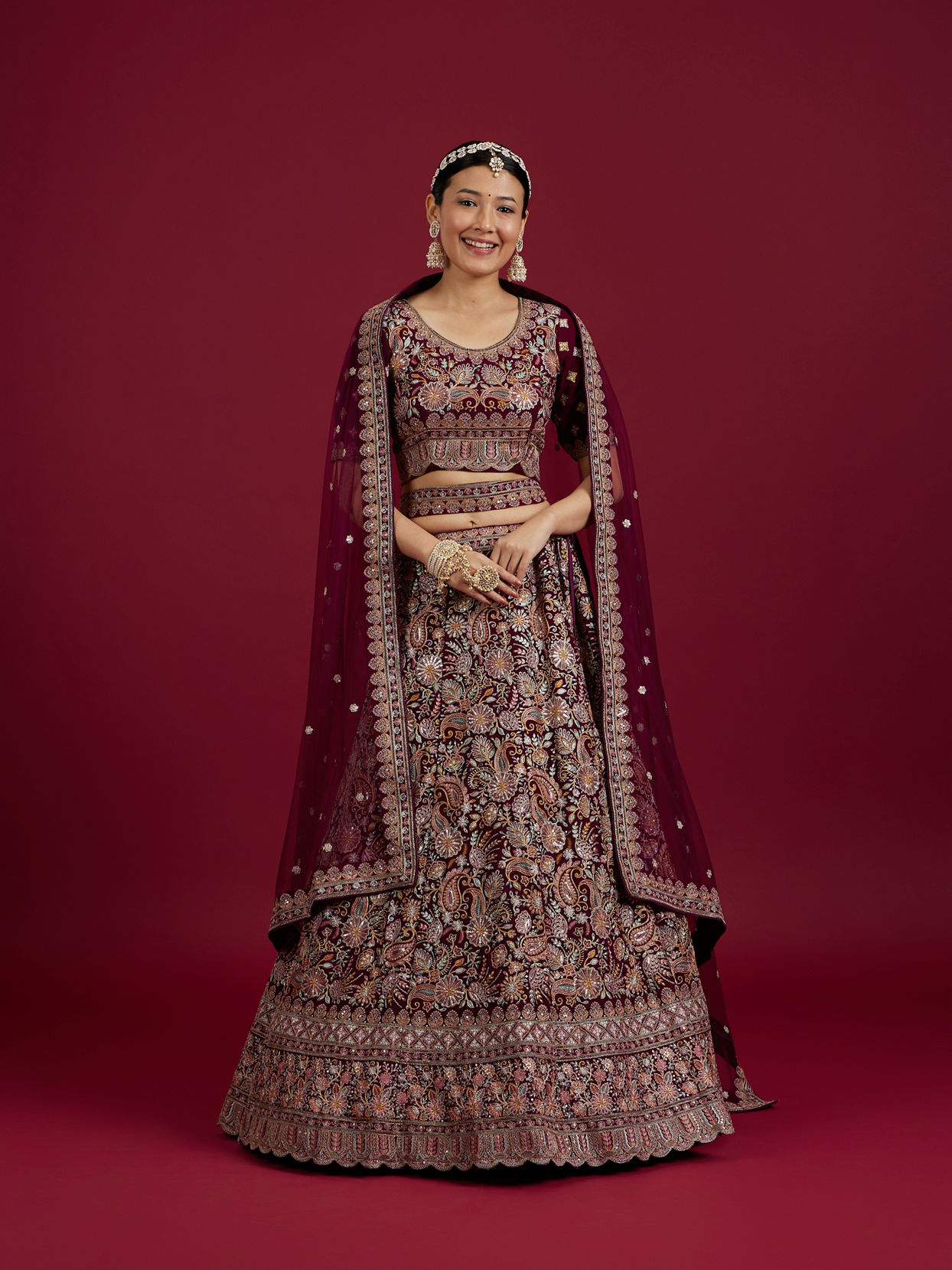 Mohey Women Wine Georgette Extravagance Lehenga
